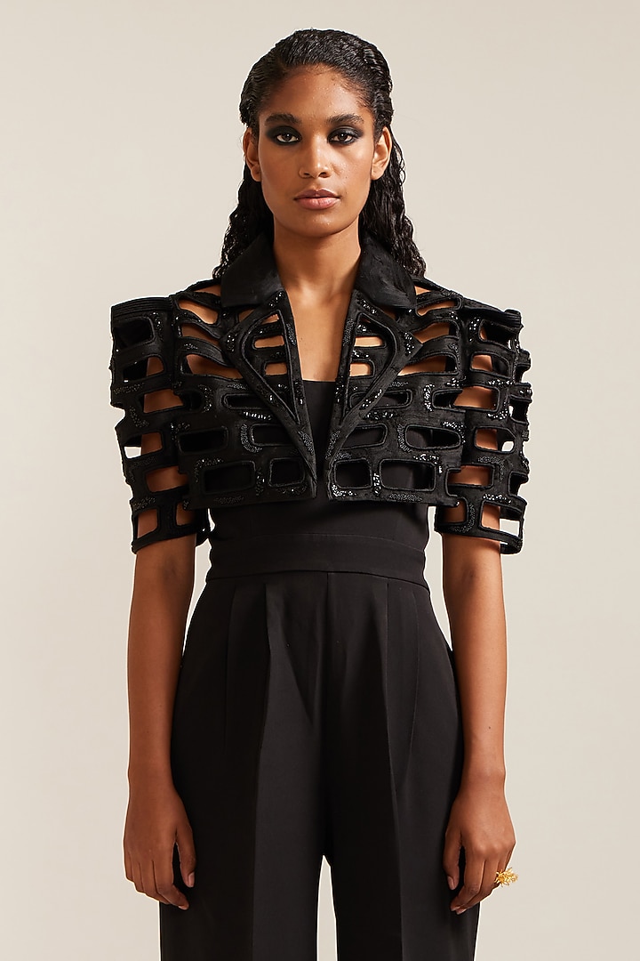 Black Crepe Cutwork Co-Ord Set by Mini Sondhi at Pernia's Pop Up Shop