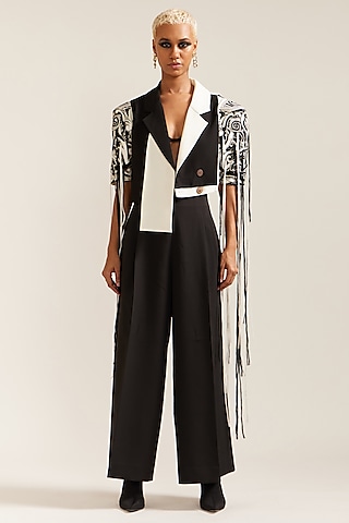 Black & White Crepe Color-Block Co-Ord Set by Mini Sondhi
