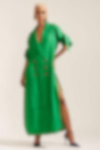 Green Linen Oversized Double Breasted Maxi Dress by Mini Sondhi at Pernia's Pop Up Shop