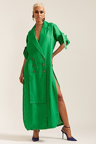 Green Linen Oversized Double Breasted Maxi Dress by Mini Sondhi
