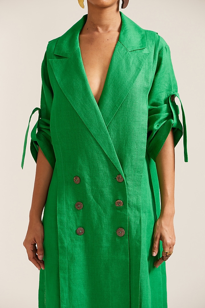 Green Linen Oversized Double Breasted Maxi Vacation Dress by Mini Sondhi at Pernia's Pop Up Shop