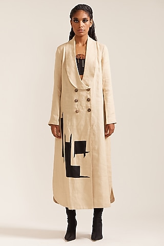 Beige Linen Oversized Double Breasted Maxi Dress by Mini Sondhi