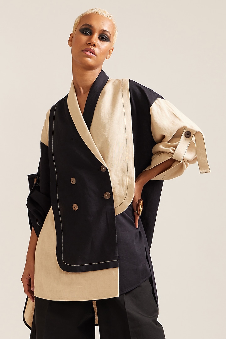 Beige & Black Linen Co-ord Set by Mini Sondhi at Pernia's Pop Up Shop
