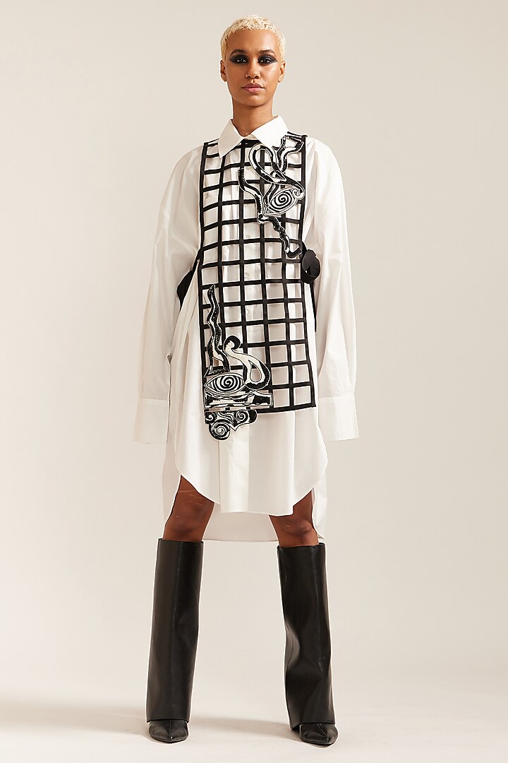 Black Nylon Grid Bib With Shirt Dress by Mini Sondhi at Pernia's Pop Up Shop