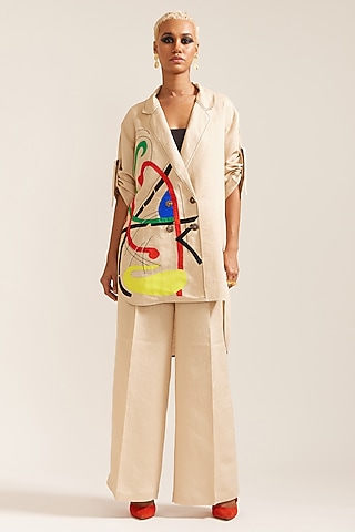 Beige Linen Hand Work Co-Ord Set by Mini Sondhi