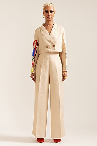 Beige Linen Hand Work Co-Ord Set by Mini Sondhi
