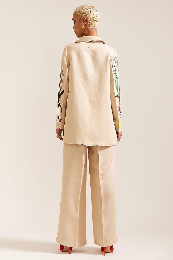 Beige Linen Hand Work Co-Ord Set by Mini Sondhi at Pernia's Pop Up Shop