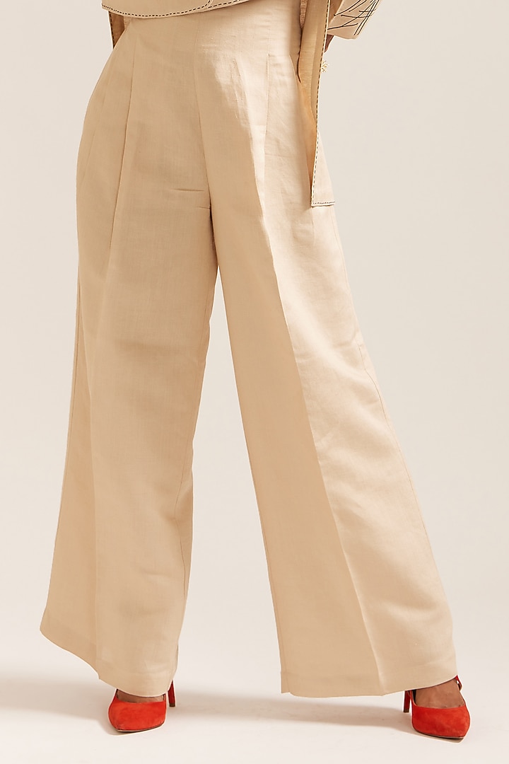 Beige Linen Hand Work Co-Ord Set by Mini Sondhi at Pernia's Pop Up Shop