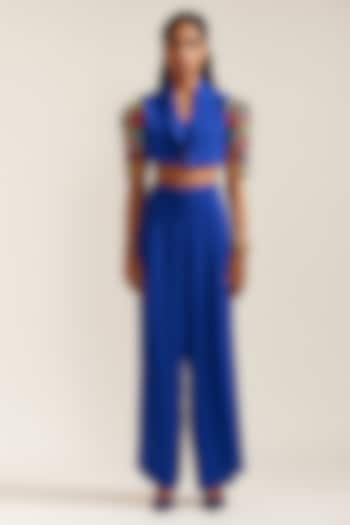 Royal Blue Crepe Embroidered Co-Ord Set by Mini Sondhi at Pernia's Pop Up Shop