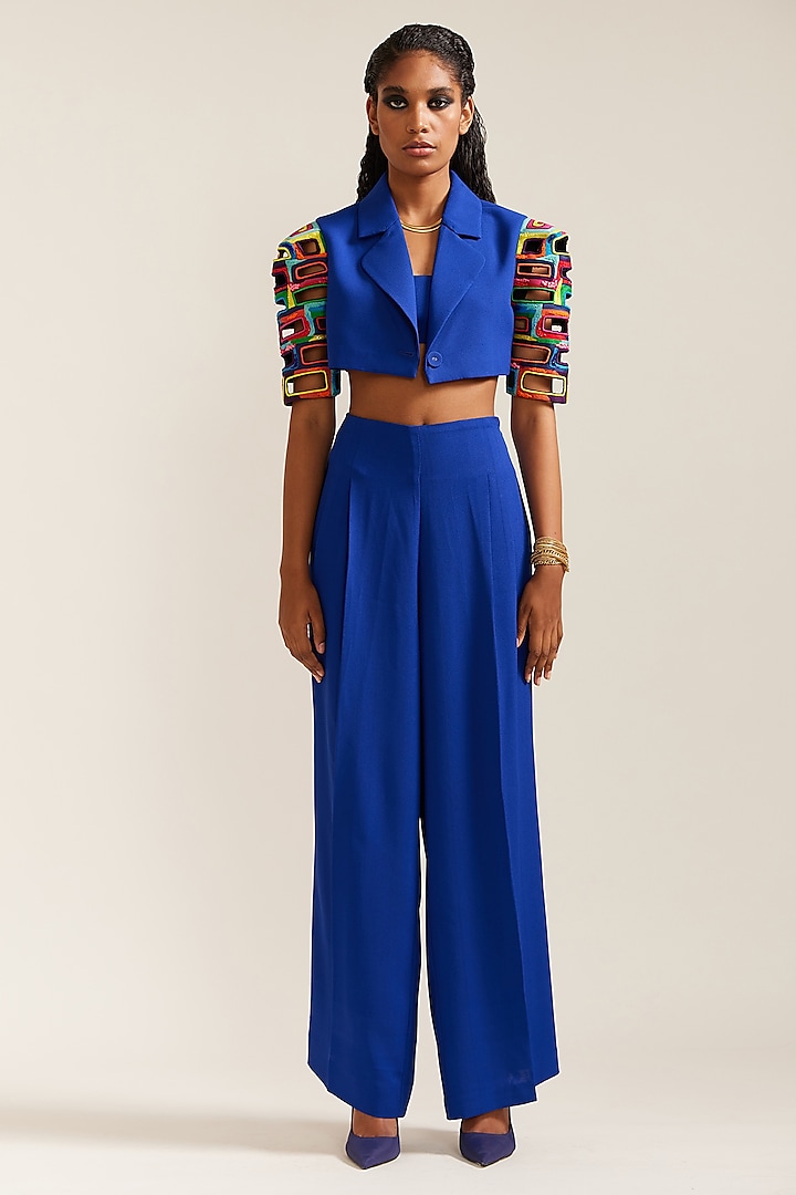 Royal Blue Crepe Embroidered Co-Ord Set by Mini Sondhi at Pernia's Pop Up Shop