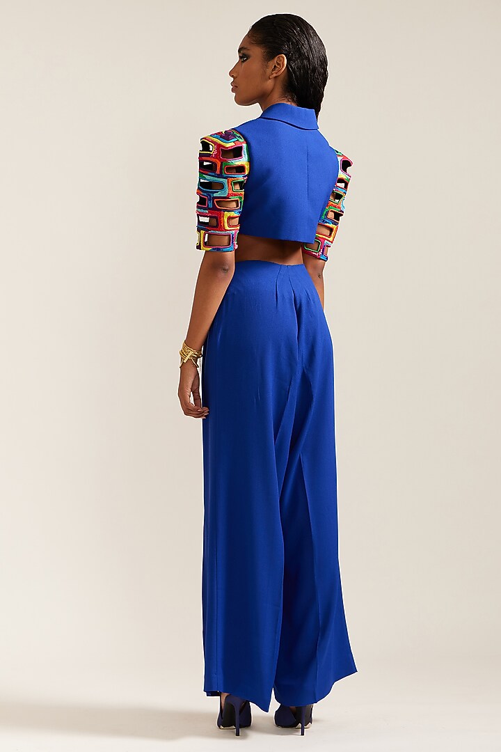 Royal Blue Crepe Embroidered Co-Ord Set by Mini Sondhi at Pernia's Pop Up Shop