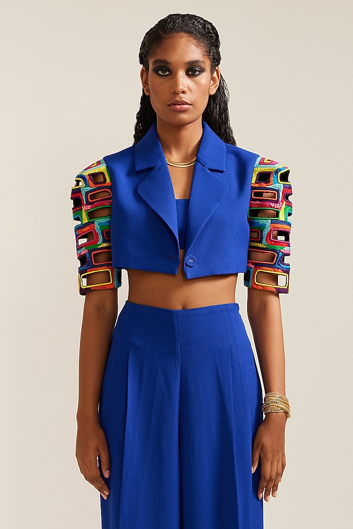 Royal Blue Crepe Embroidered Co-Ord Set by Mini Sondhi at Pernia's Pop Up Shop