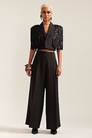 Black Crepe Beadwork Co-Ord Set by Mini Sondhi
