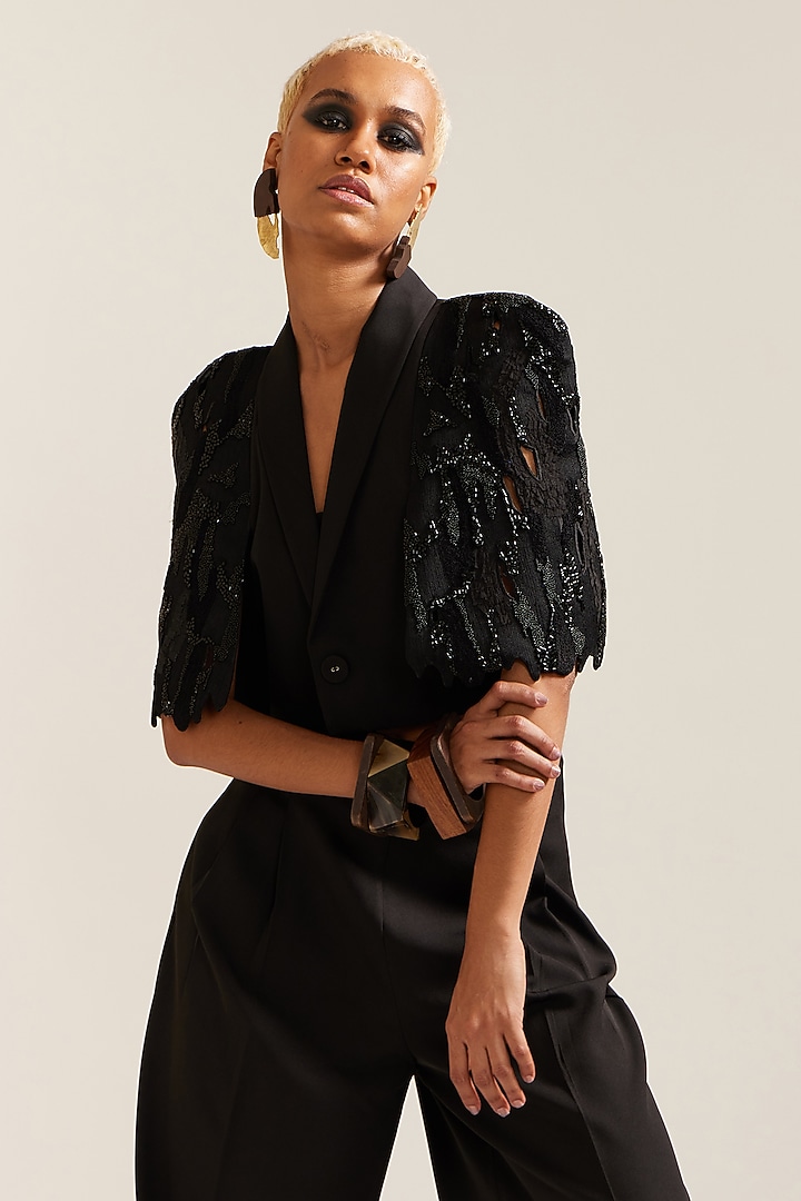Black Crepe Beadwork Co-Ord Set by Mini Sondhi at Pernia's Pop Up Shop