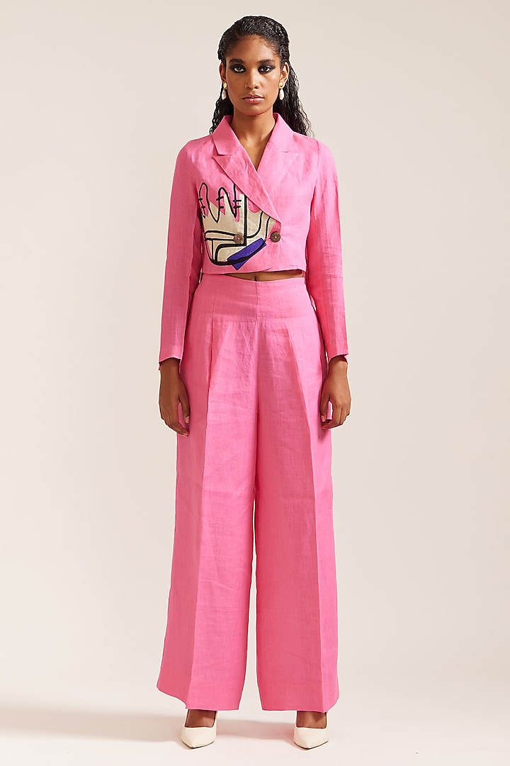 Pink Linen Embroidered Co-Ord Set by Mini Sondhi at Pernia's Pop Up Shop