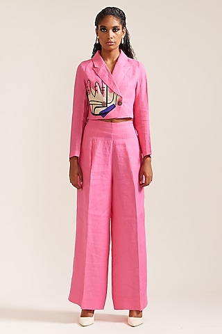 Pink Linen Embroidered Co-Ord Set by Mini Sondhi
