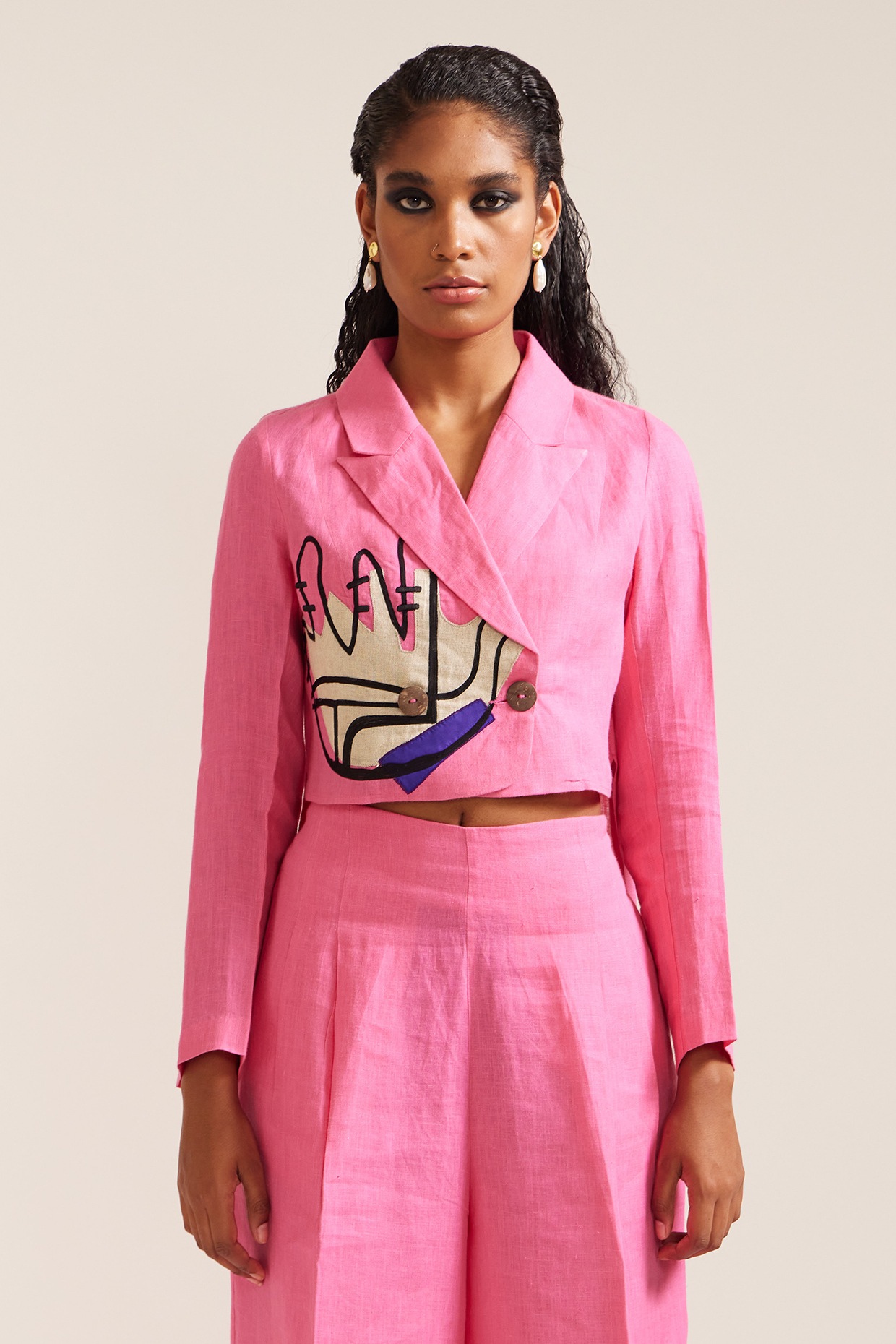 Pink Linen Embroidered Co-Ord Set by Mini Sondhi at Pernia's Pop