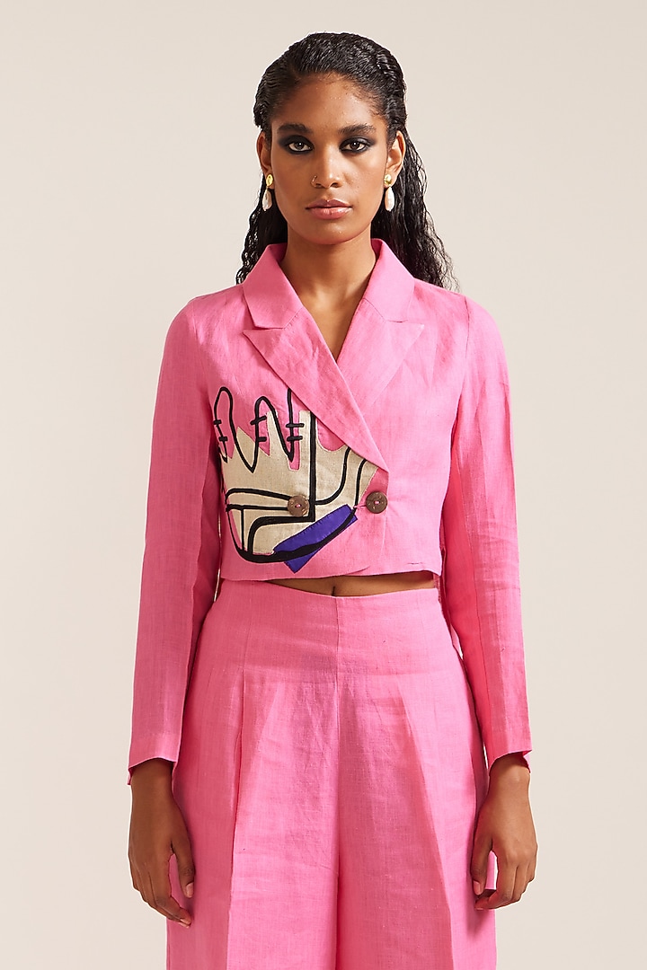 Pink Linen Embroidered Co-Ord Set by Mini Sondhi at Pernia's Pop Up Shop