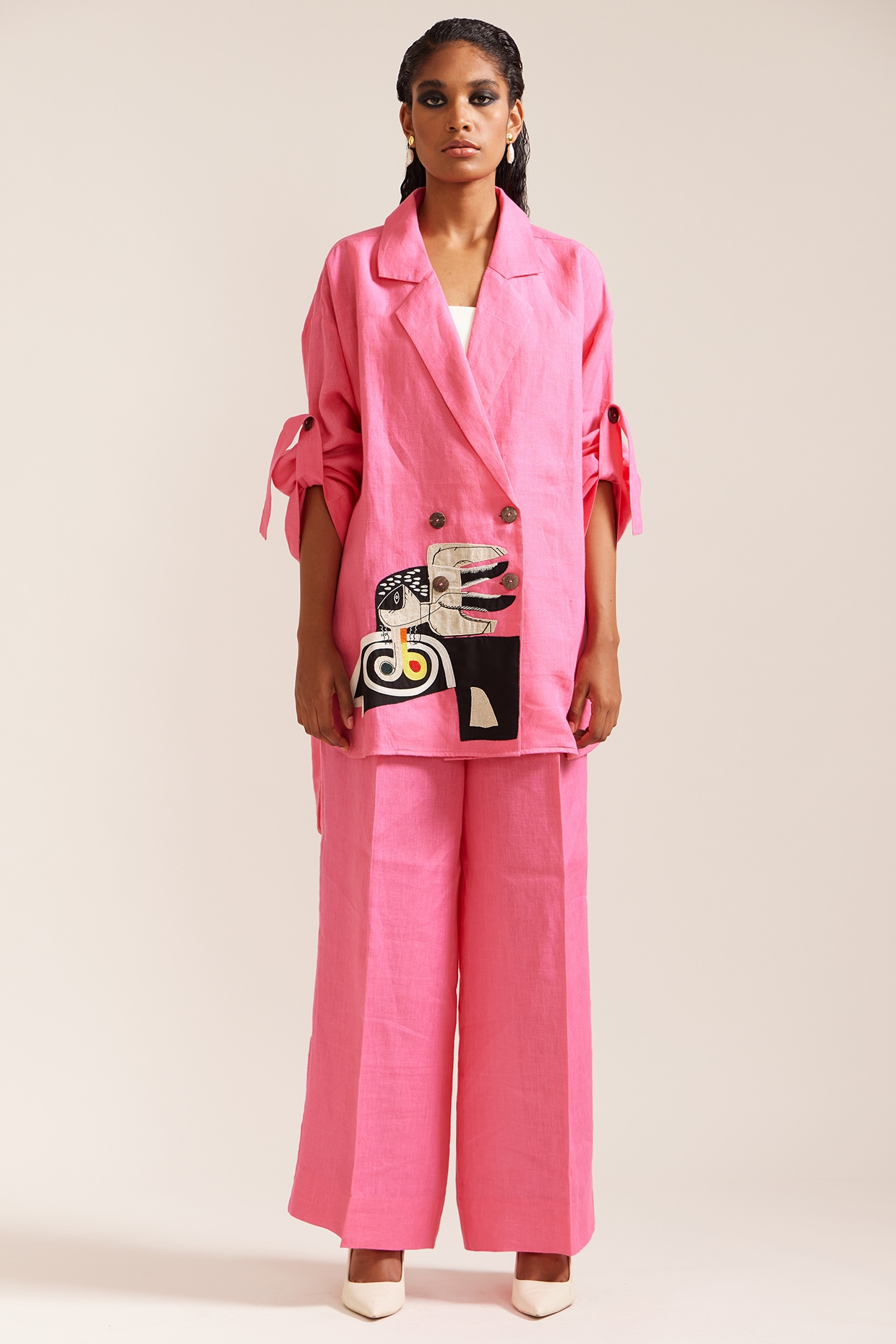 Pink Linen Embroidered Co-Ord Set by Mini Sondhi at Pernia's Pop