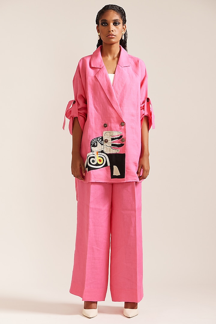 Pink Linen Embroidered Co-Ord Set by Mini Sondhi at Pernia's Pop Up Shop