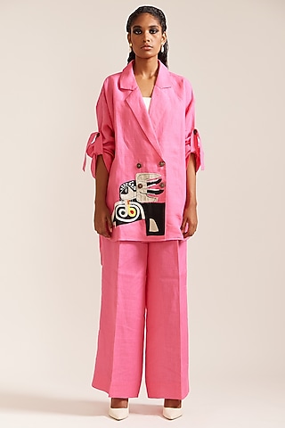 Pink Linen Embroidered Co-Ord Set by Mini Sondhi