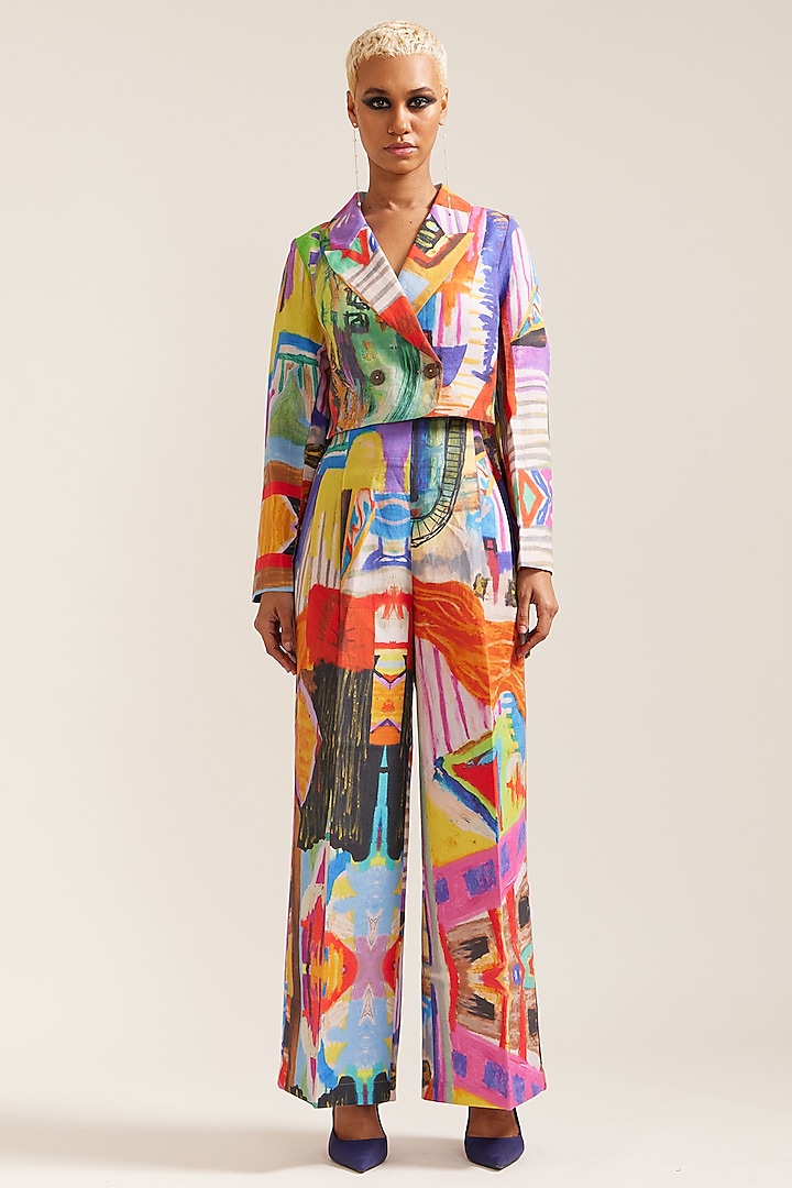 Multi-Colored Linen Printed Crop Jacket Set by Mini Sondhi at Pernia's Pop Up Shop