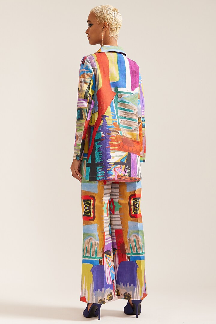 Multi-Colored Linen Printed Crop Jacket Set by Mini Sondhi at Pernia's Pop Up Shop