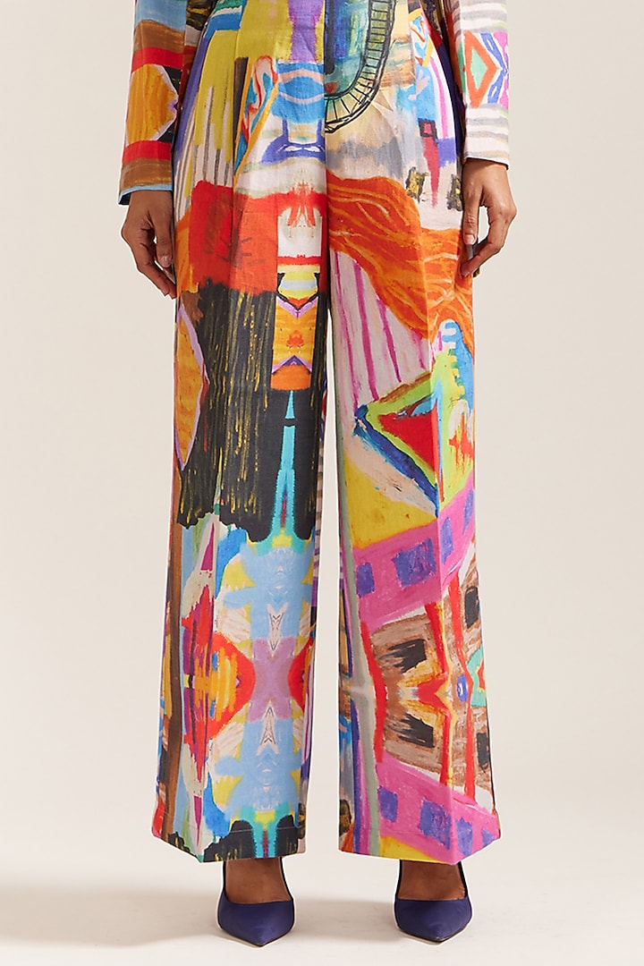 Multi-Colored Linen Printed Crop Jacket Set by Mini Sondhi at Pernia's Pop Up Shop