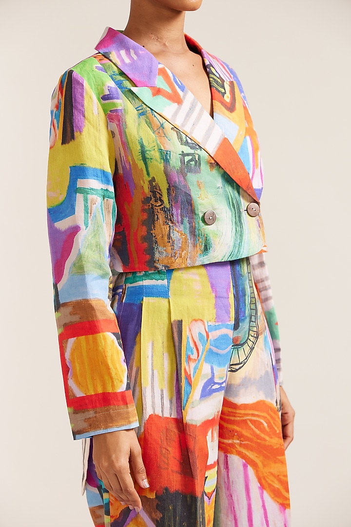 Multi-Colored Linen Printed Crop Jacket Set by Mini Sondhi at Pernia's Pop Up Shop