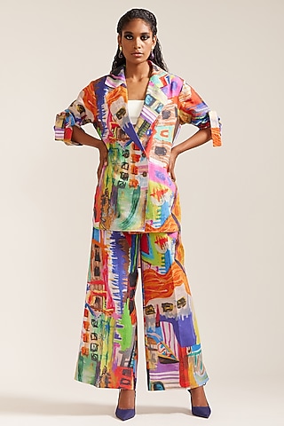 Multi-Colored Linen Printed Co-Ord Set by Mini Sondhi