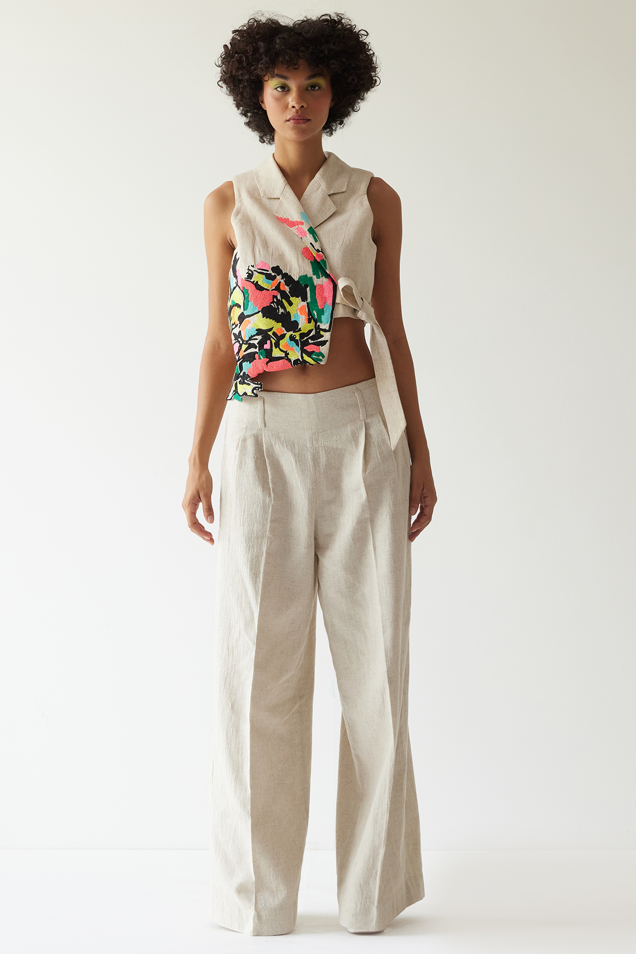 Beige Raw Linen Co-ord Set by Mini Sondhi at Pernia's Pop Up Shop