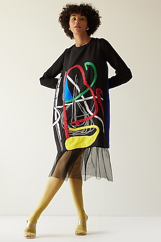 Black Embroidered Paint Stain Dress by Mini Sondhi