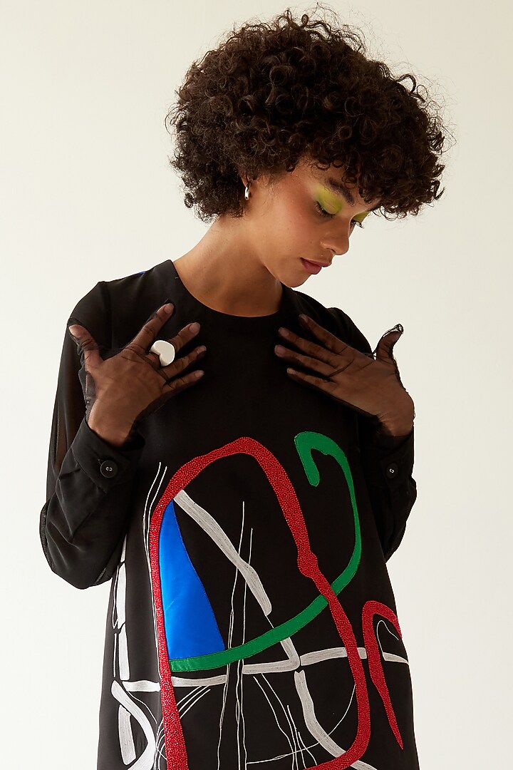 Black Embroidered Paint Stain Vacation Dress by Mini Sondhi at Pernia's Pop Up Shop