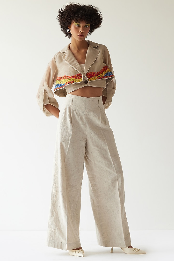 Beige Organza & Linen Co-Ord Set by Mini Sondhi at Pernia's Pop Up Shop