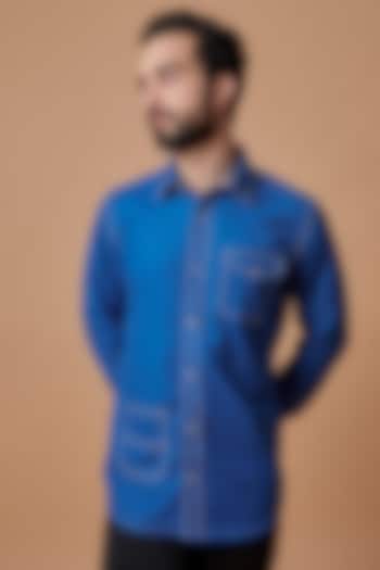 Electric Blue Terry Wool Party Wear Shirt by MR. SHAH LABEL at Pernia's Pop Up Shop