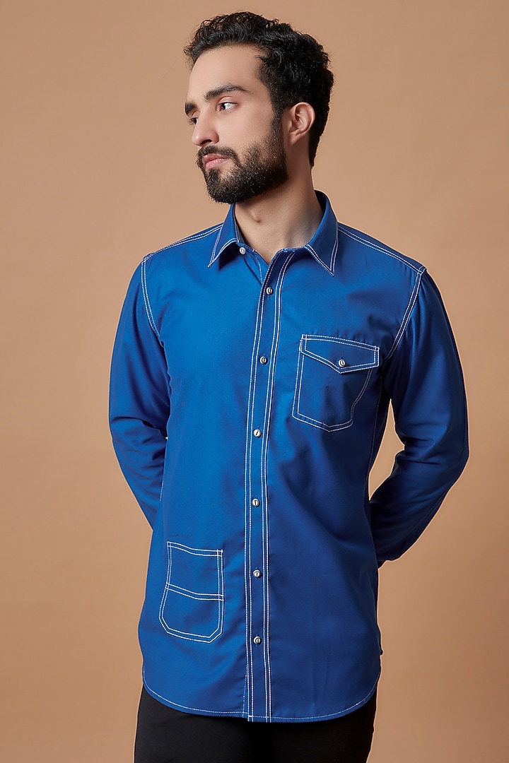 Electric Blue Terry Wool Party Wear Shirt by MR. SHAH LABEL at Pernia's Pop Up Shop