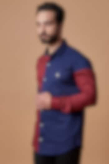 Cobalt Blue Cotton Satin Color-Blocked Shirt by MR. SHAH LABEL