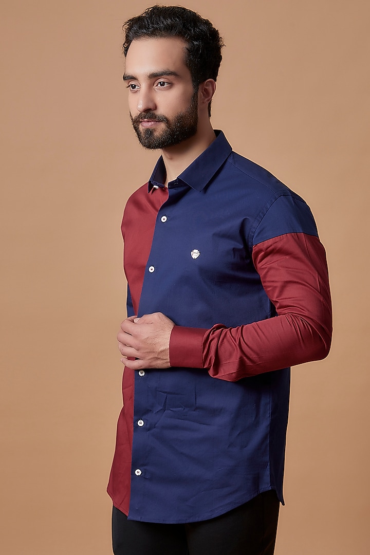 Cobalt Blue Cotton Satin Color-Blocked Shirt by MR. SHAH LABEL