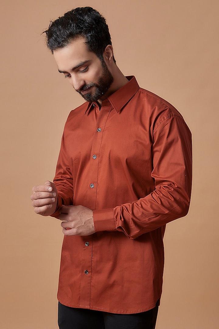 Rust Cotton Satin Hand Embroidered Shirt by MR. SHAH LABEL