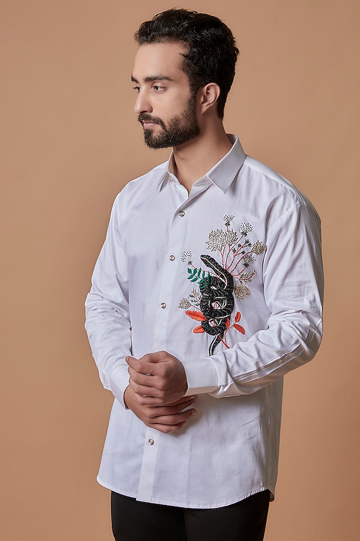 White Cotton Satin Hand Embroidered Shirt by MR. SHAH LABEL