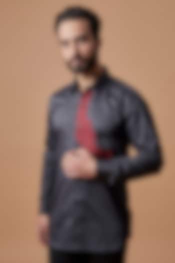 Charcoal Grey Cotton Satin Embroidered Shirt by MR. SHAH LABEL