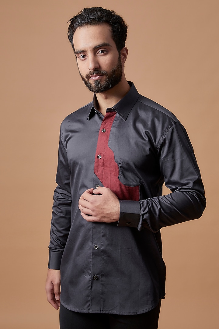 Charcoal Grey Cotton Satin Embroidered Shirt by MR. SHAH LABEL