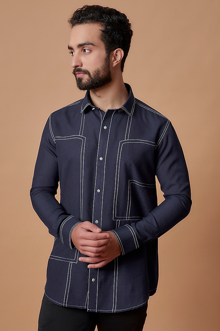 Navy Blue Terry Wool Shirt by MR. SHAH LABEL