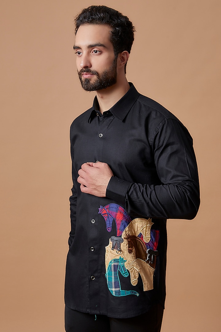 Black Cotton Satin Embroidered Shirt by MR. SHAH LABEL