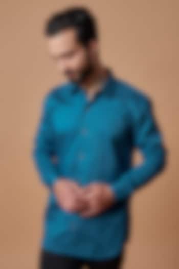 Blue Cotton Satin Hand Embroidered Shirt by MR. SHAH LABEL