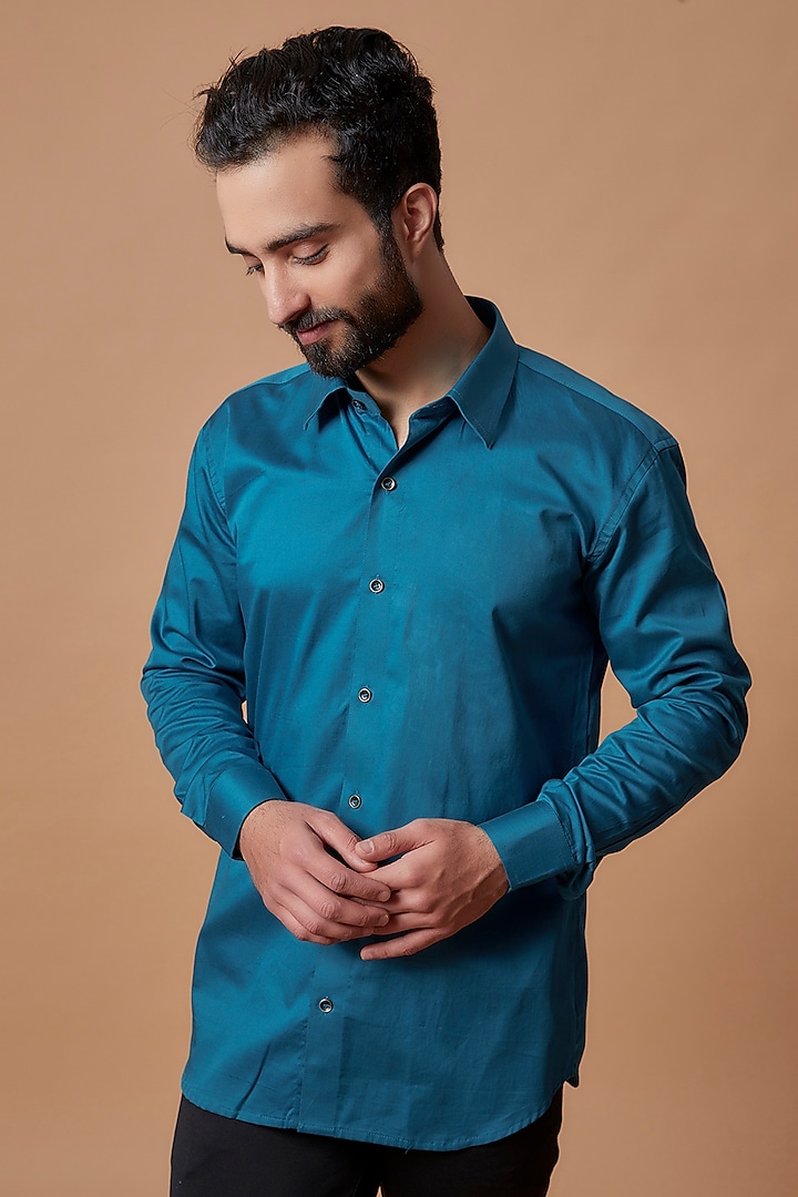 Blue Cotton Satin Hand Embroidered Shirt by MR. SHAH LABEL