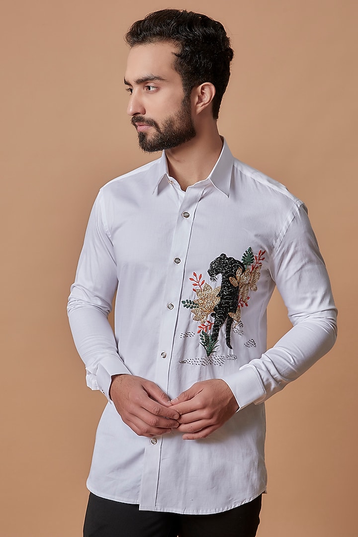 White Cotton Satin Hand Embroidered Shirt by MR. SHAH LABEL