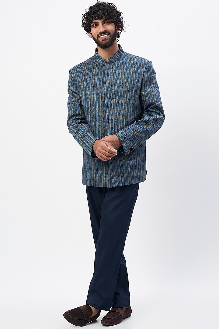 Blue Cotton Satin Jodhpuri Jacket Set by MR. SHAH LABEL