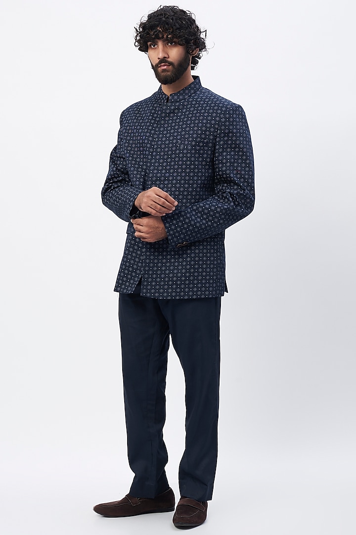 Navy Blue Cotton Satin Jodhpuri Jacket Set by MR. SHAH LABEL