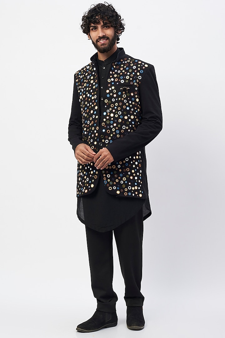 Black Cotton Satin Kurta Set With Embroidered Jacket by MR. SHAH LABEL